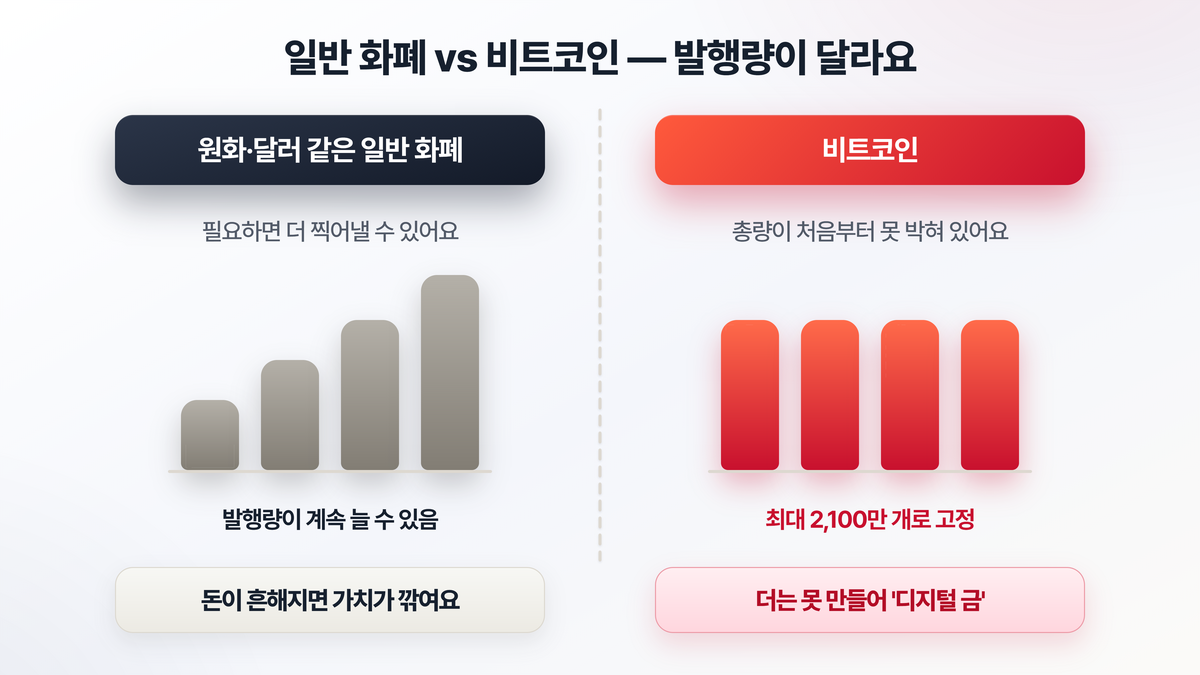 중앙은행이 필요에 따라 발행량을 늘리는 일반 화폐와, 발행 총량이 2100만 개로 고정된 비트코인을 나란히 비교한 도해