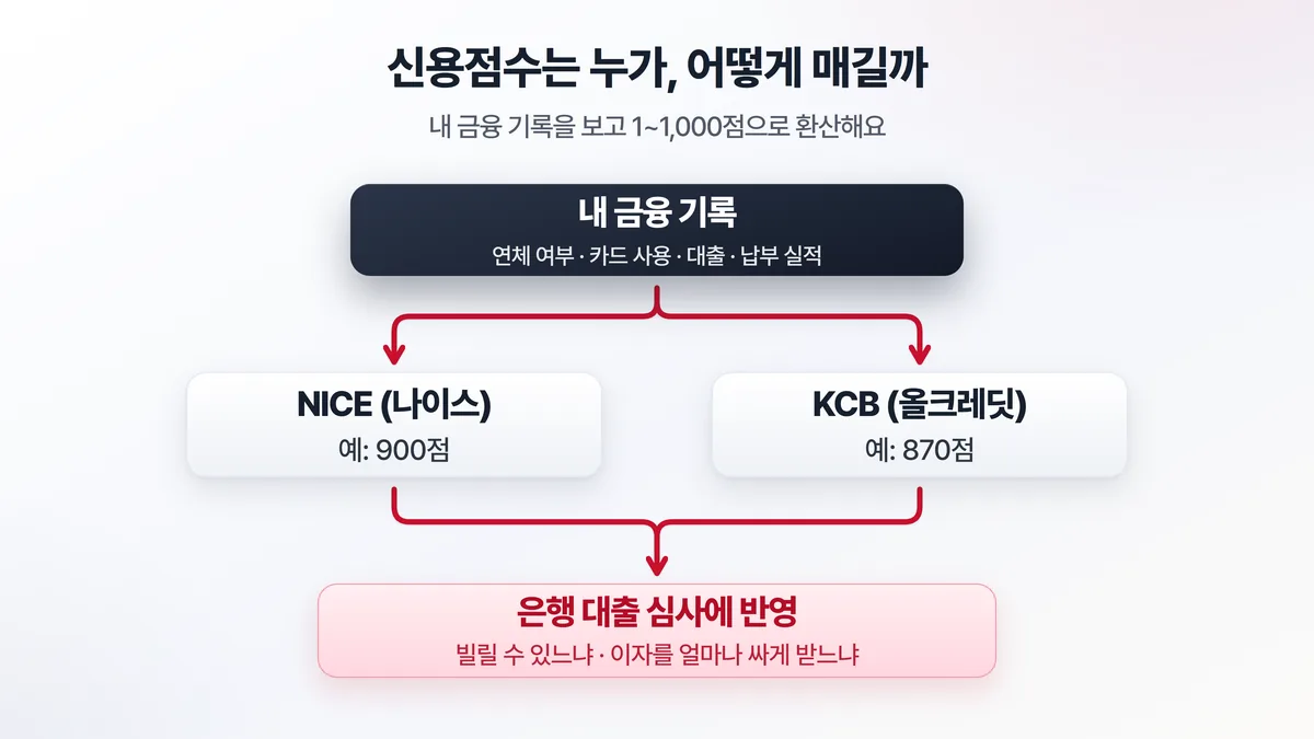 NICE와 KCB 두 신용평가사가 한 사람의 금융 기록을 보고 각각 1점에서 1000점 사이로 신용점수를 매기고, 그 점수가 은행 대출 심사로 이어지는 흐름을 보여주는 도해