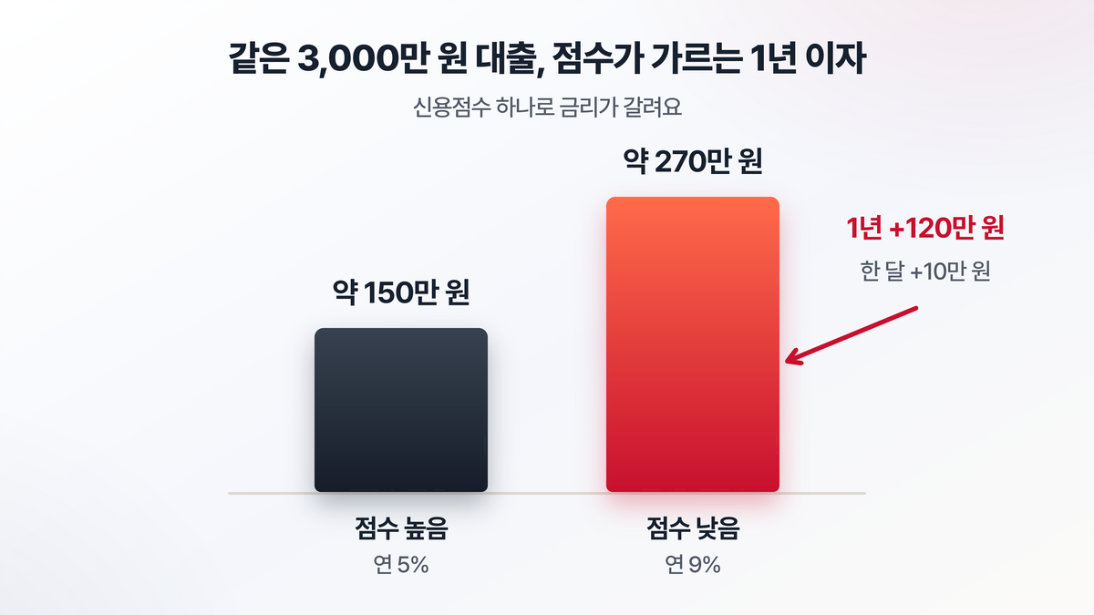신용점수가 높은 사람과 낮은 사람이 똑같이 3000만 원을 빌렸을 때, 연 5퍼센트와 연 9퍼센트로 갈려 1년 이자가 150만 원 대 270만 원으로 벌어지는 차이를 막대로 비교한 도해