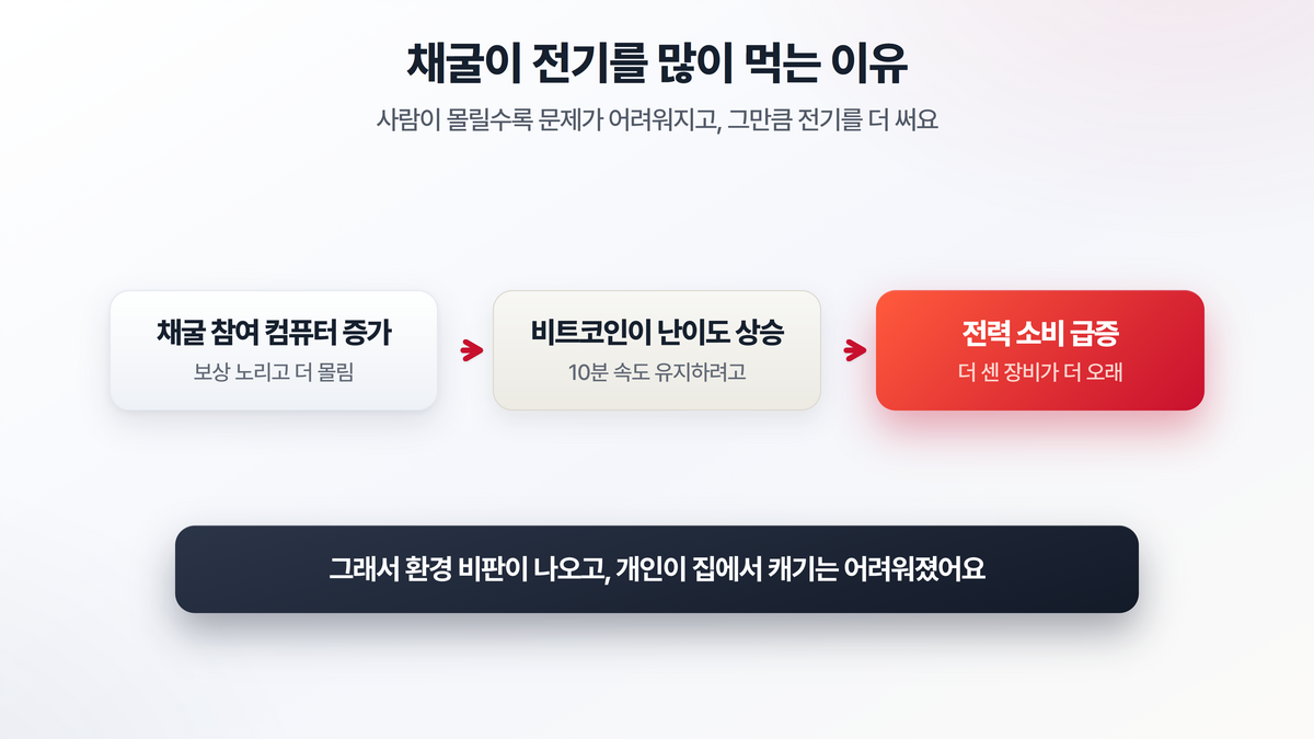 채굴 참여 컴퓨터가 늘수록 비트코인이 자동으로 난이도를 올려 더 많은 전기를 소모하게 되는 과정을, 참여 증가에서 난이도 상승, 전력 소비 증가로 이어지는 흐름으로 보여주는 도해