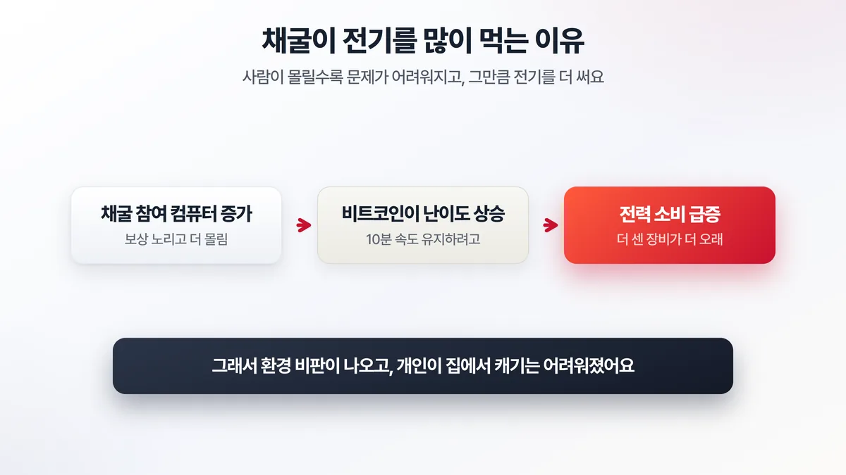 채굴 참여 컴퓨터가 늘수록 비트코인이 자동으로 난이도를 올려 더 많은 전기를 소모하게 되는 과정을, 참여 증가에서 난이도 상승, 전력 소비 증가로 이어지는 흐름으로 보여주는 도해