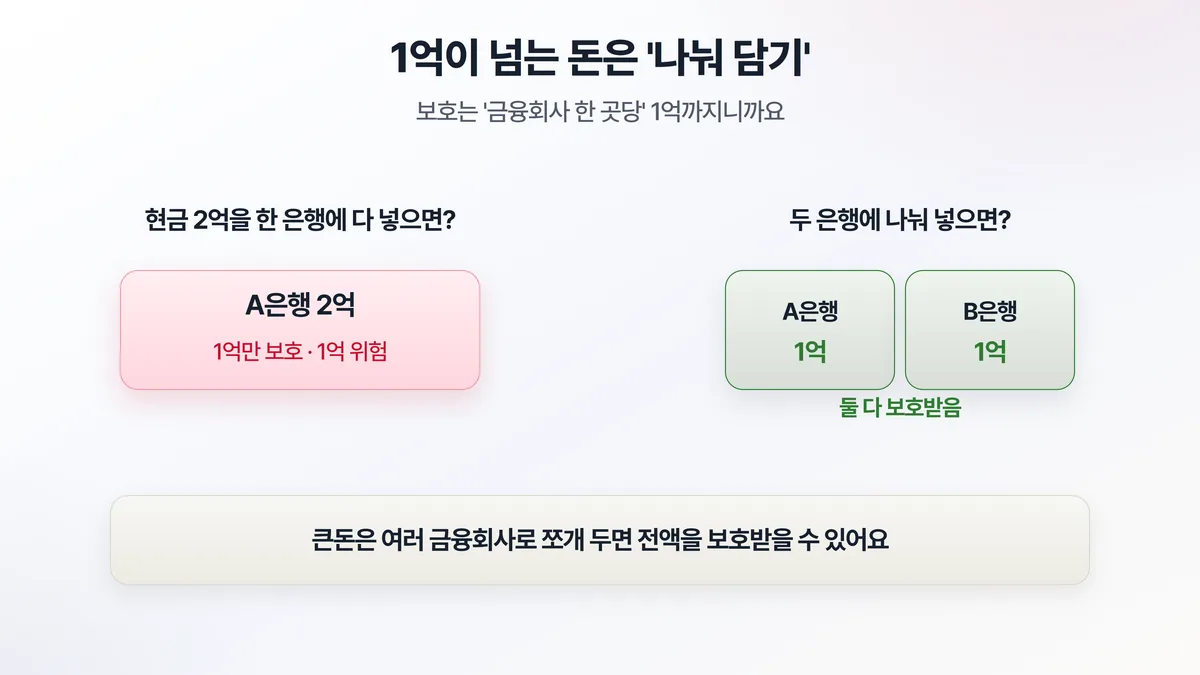 1억 넘는 돈 나눠 담기 — 한 은행에 2억을 넣으면 1억만 보호되지만, 두 은행에 1억씩 나누면 둘 다 보호