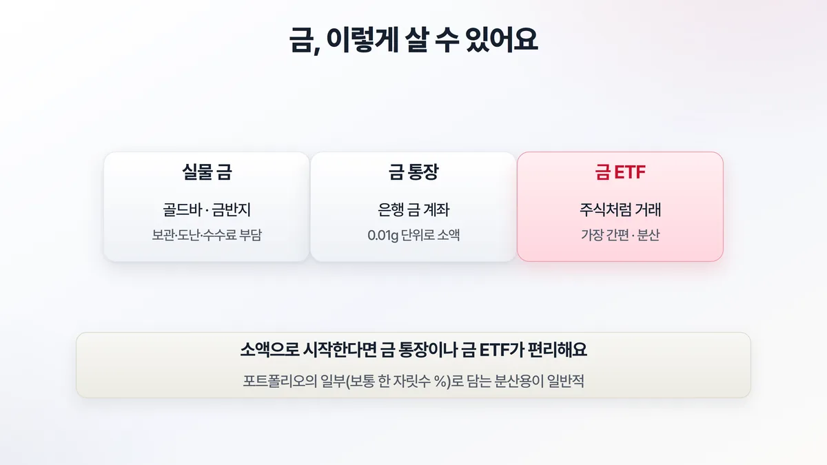 금 투자 방법 — 실물 금, 금 통장, 금 ETF 세 가지