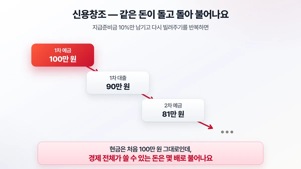 100만 원 예금이 대출과 재예금을 반복하며 100만 원, 90만 원, 81만 원으로 늘어나 처음 돈보다 훨씬 많은 통화가 만들어지는 신용창조 과정을 계단식으로 보여주는 도해