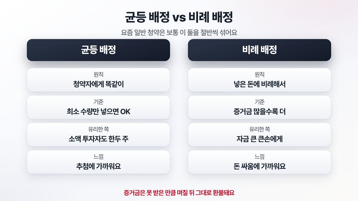 공모주 배정 방식 두 가지를 좌우로 비교한 도해. 왼쪽 균등 배정은 청약자에게 물량을 똑같이 나눠 주는 방식이고, 오른쪽 비례 배정은 넣은 증거금이 많을수록 더 많은 주식을 받는 방식임을 보여주는 그림