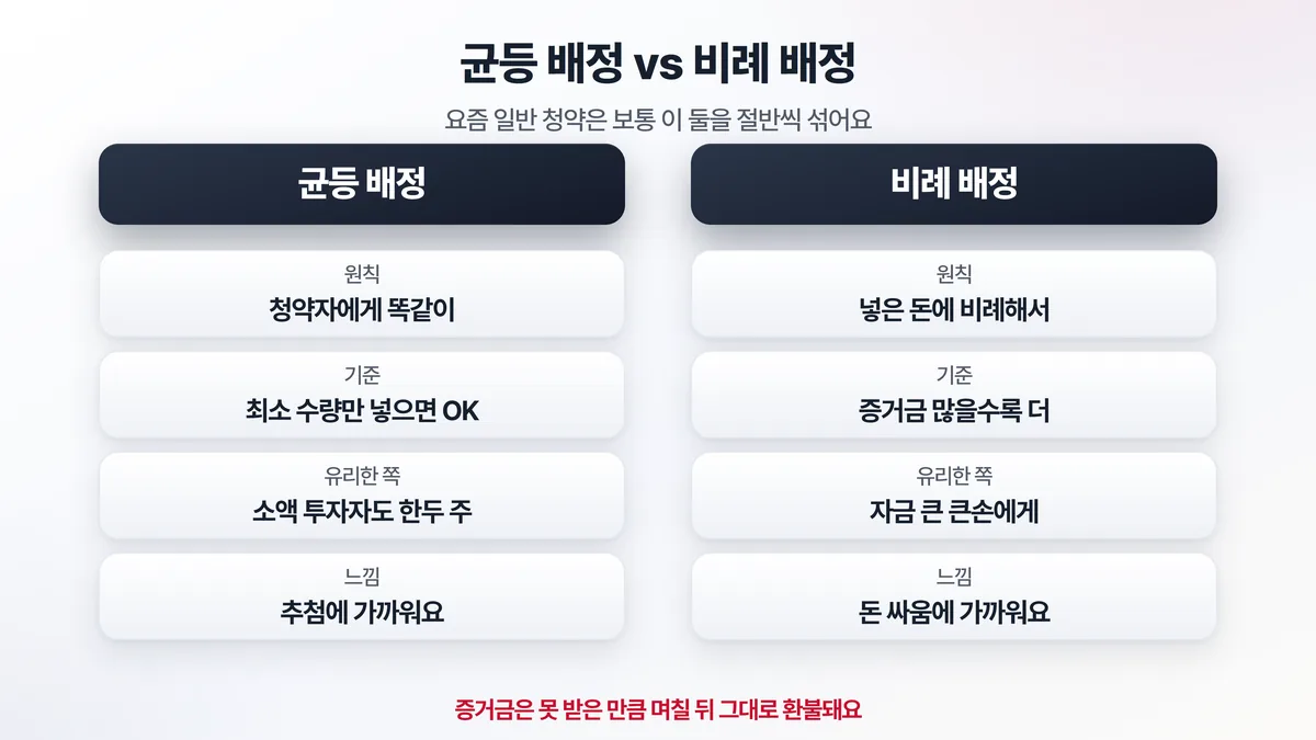 공모주 배정 방식 두 가지를 좌우로 비교한 도해. 왼쪽 균등 배정은 청약자에게 물량을 똑같이 나눠 주는 방식이고, 오른쪽 비례 배정은 넣은 증거금이 많을수록 더 많은 주식을 받는 방식임을 보여주는 그림