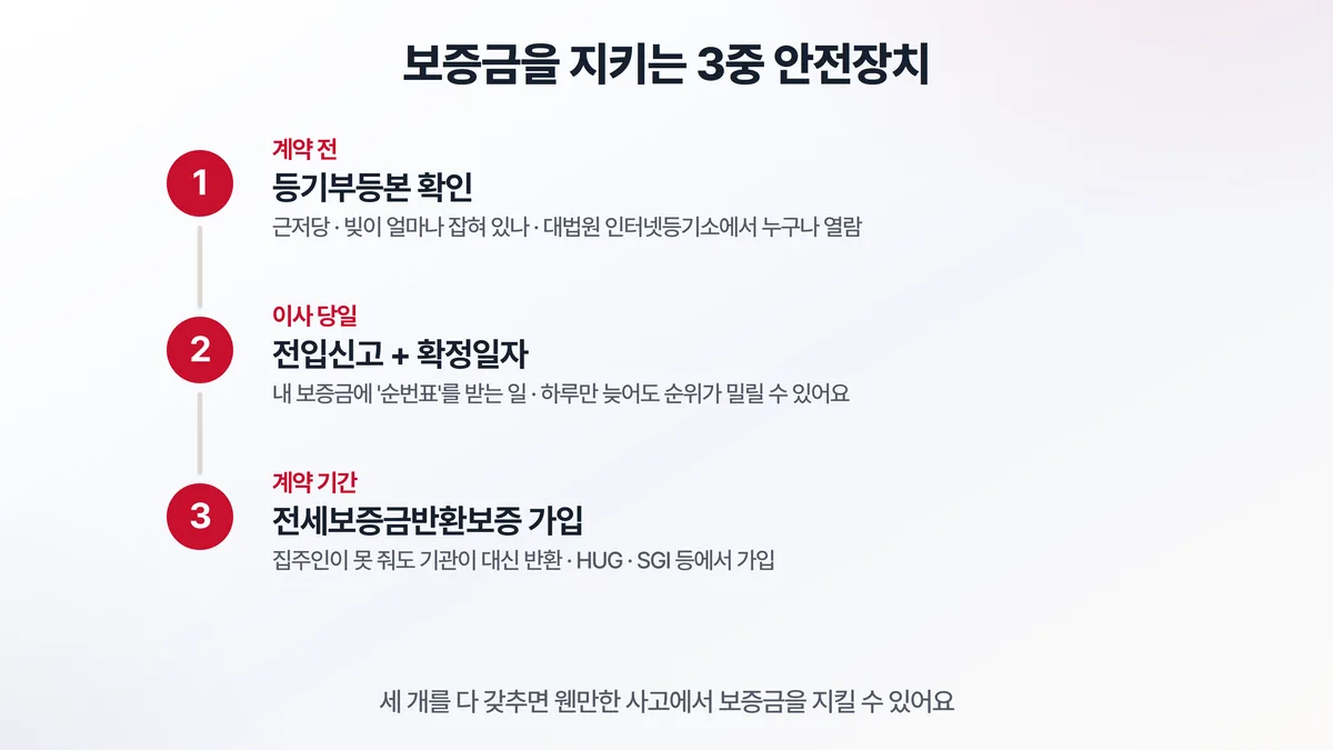 보증금 3중 안전장치 — 계약 전 등기부등본 확인, 이사 당일 전입신고와 확정일자, 계약 기간 전세보증금반환보증 가입