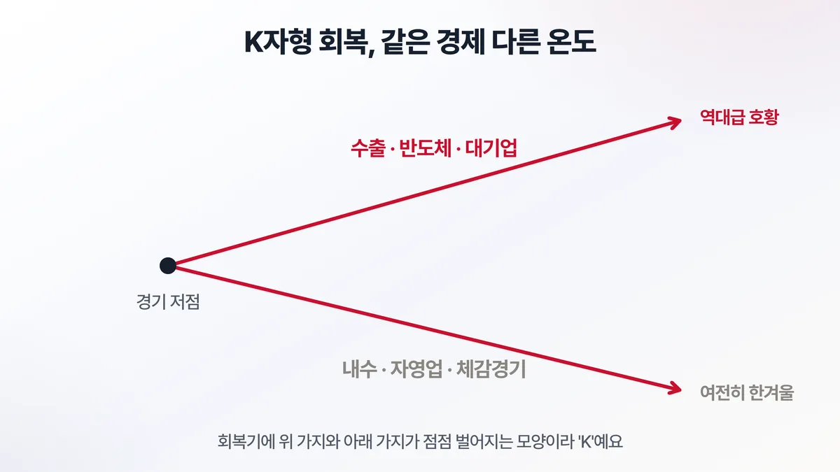 K자형 회복 도해 — 수출·반도체·대기업은 위로, 내수·자영업·체감경기는 아래로 갈라지는 모양