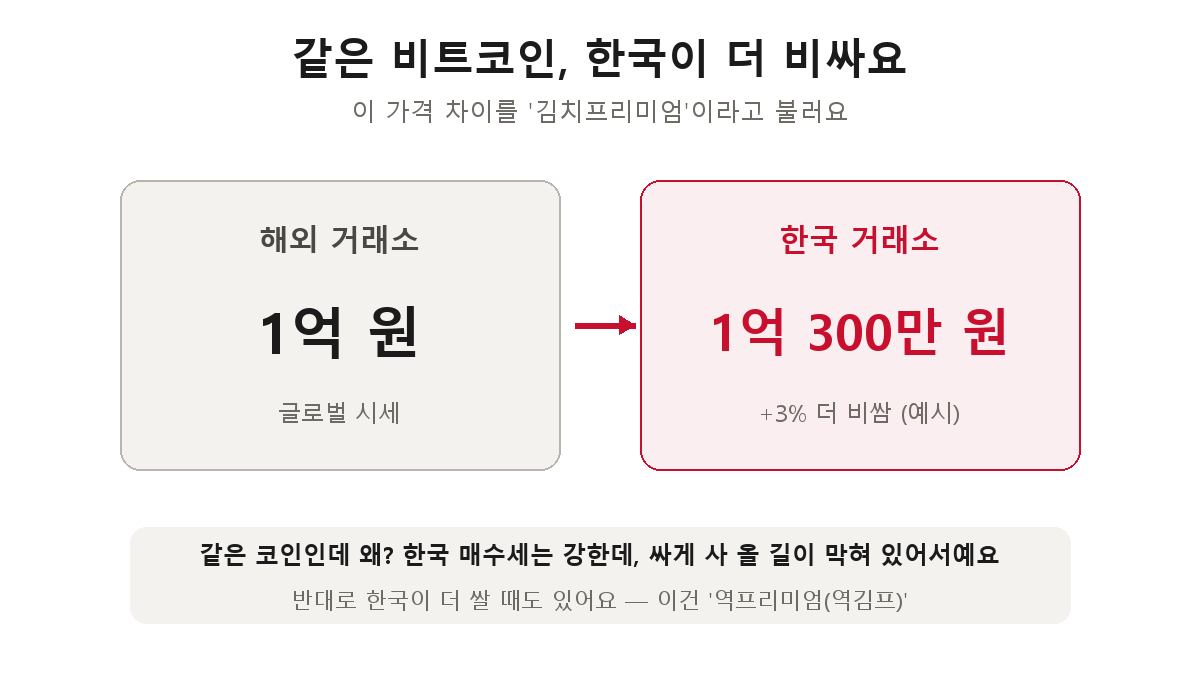 김치프리미엄 개념 — 해외 거래소 1억 원인 비트코인이 한국 거래소에서는 1억 300만 원, 3% 비싼 예시