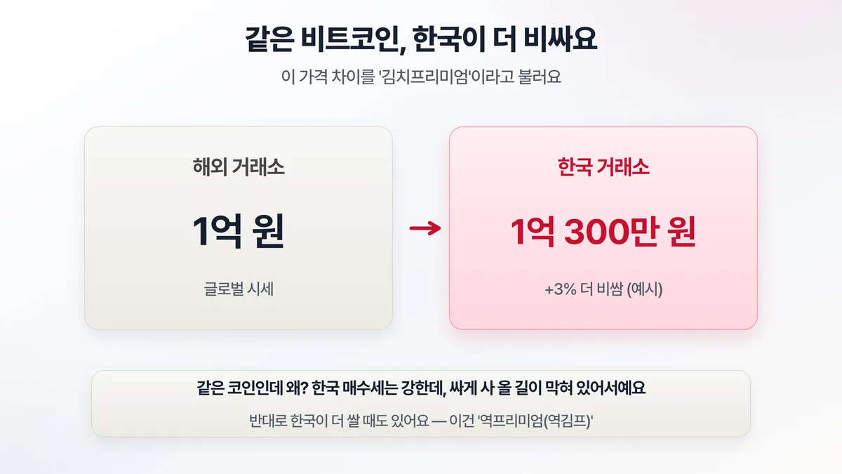 김치프리미엄 개념 — 해외 거래소 1억 원인 비트코인이 한국 거래소에서는 1억 300만 원, 3% 비싼 예시