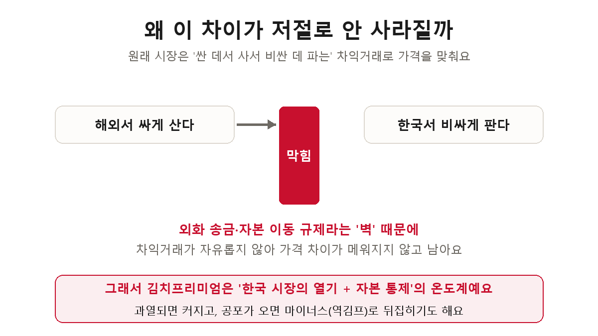 김치프리미엄이 안 사라지는 이유 — 외화 송금·자본 이동 규제라는 벽이 해외-한국 간 차익거래를 막는다