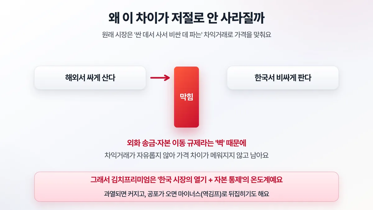 김치프리미엄이 안 사라지는 이유 — 외화 송금·자본 이동 규제라는 벽이 해외-한국 간 차익거래를 막는다