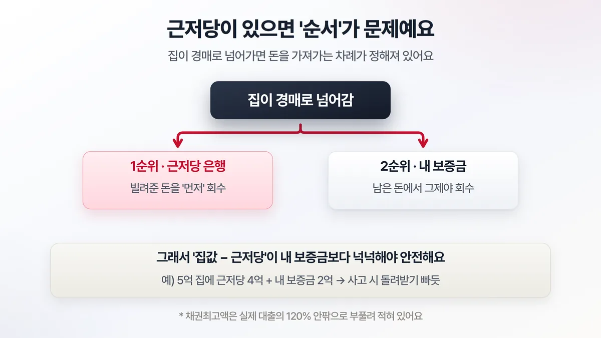 근저당이 잡힌 집의 위험 — 집이 경매로 넘어가면 은행이 먼저 돈을 가져가고 남은 돈으로 내 보증금을 돌려받는 구조