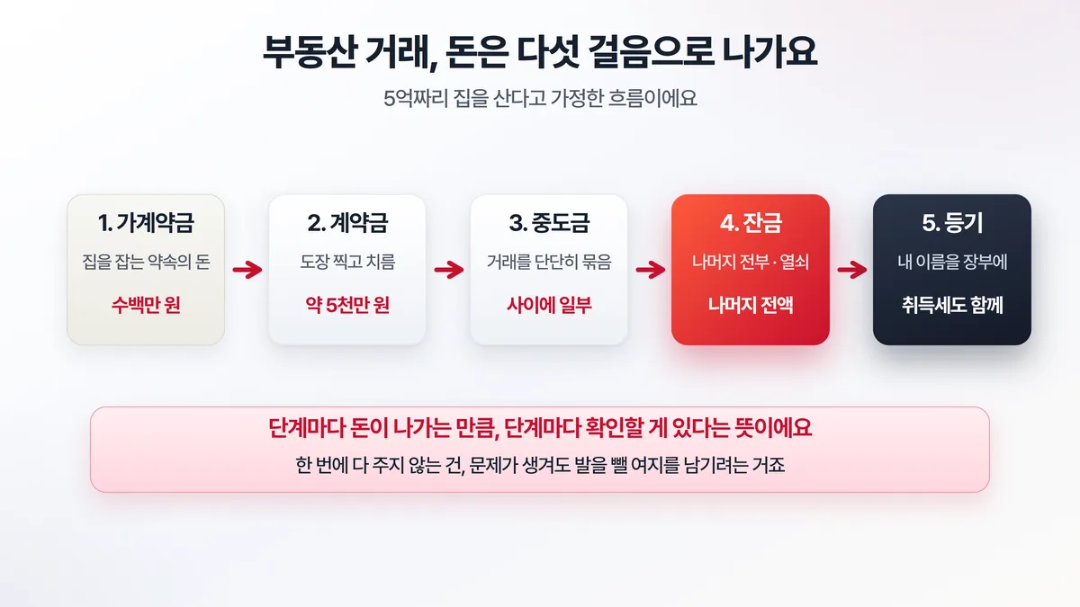 부동산 거래 흐름 — 가계약금에서 계약금, 중도금, 잔금, 등기로 이어지는 5단계와 각 단계에 오가는 돈의 비율