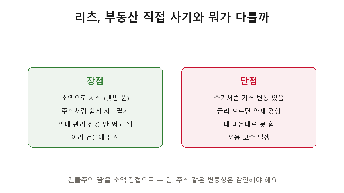 리츠 장단점 — 소액 시작·쉬운 거래·관리 불필요·분산이 장점, 가격 변동·금리 민감·통제 불가·보수가 단점