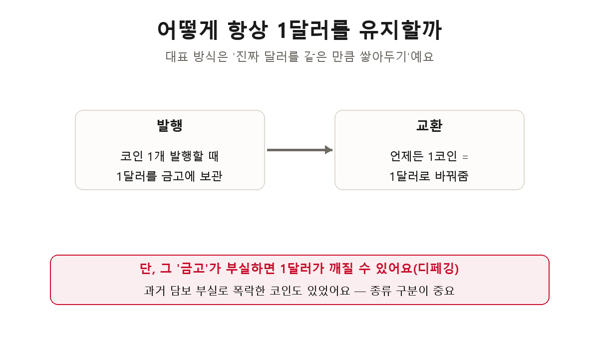 스테이블코인 유지 방식 — 코인 1개 발행할 때 1달러를 금고에 보관하고, 언제든 1코인을 1달러로 교환