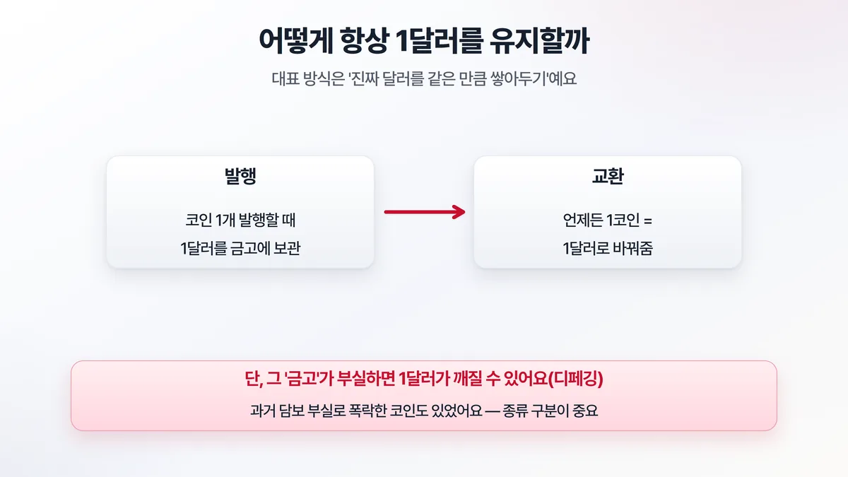 스테이블코인 유지 방식 — 코인 1개 발행할 때 1달러를 금고에 보관하고, 언제든 1코인을 1달러로 교환