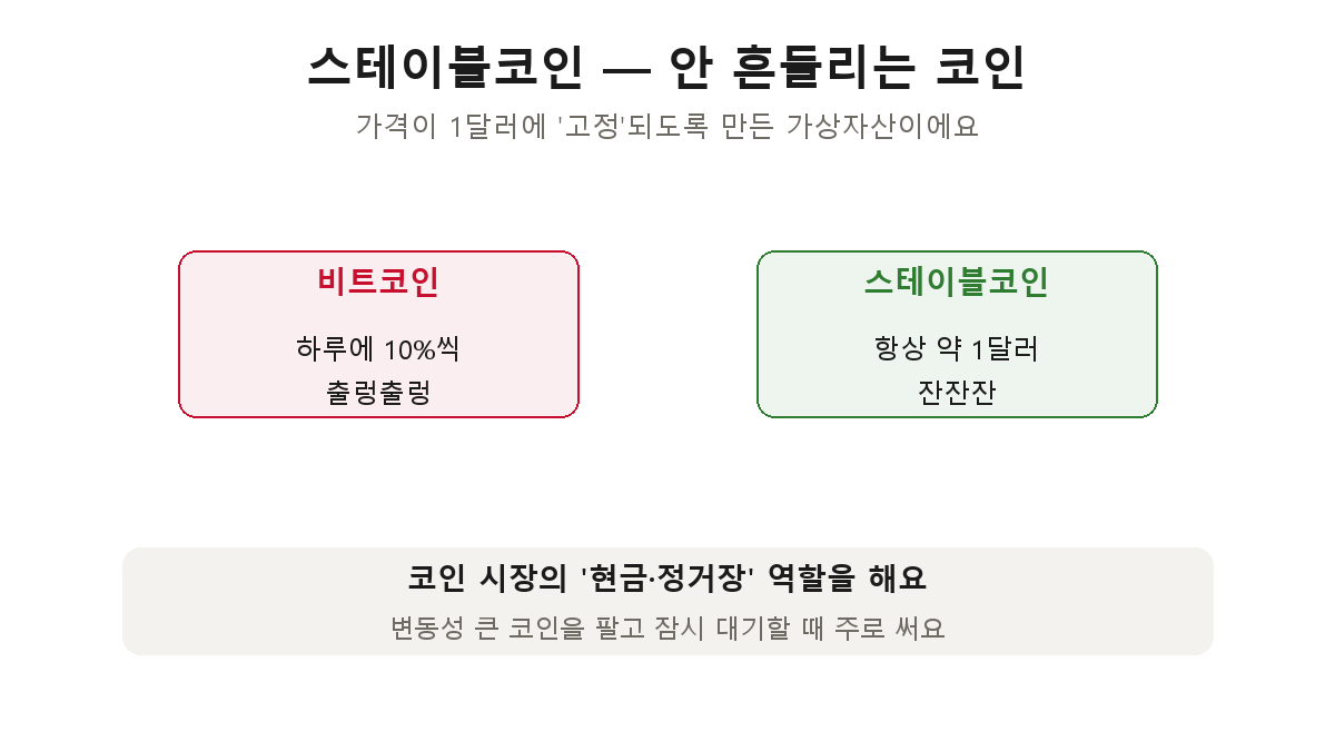 스테이블코인 개념 — 비트코인은 하루 10%씩 출렁이지만 스테이블코인은 항상 약 1달러로 안정적