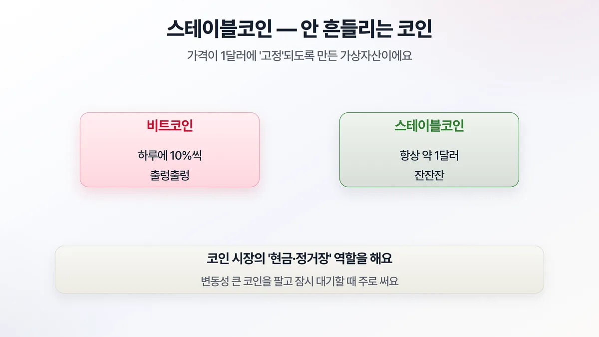 스테이블코인 개념 — 비트코인은 하루 10%씩 출렁이지만 스테이블코인은 항상 약 1달러로 안정적