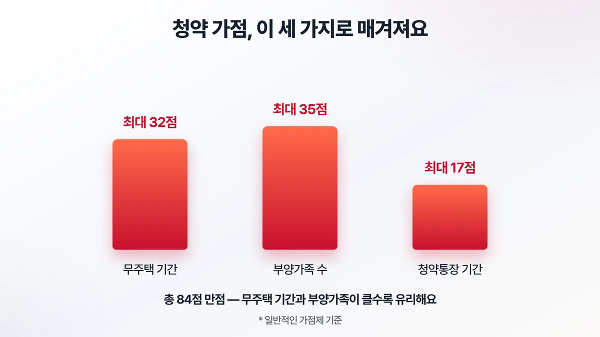 청약 가점 3요소 — 무주택 기간 최대 32점, 부양가족 수 최대 35점, 청약통장 가입 기간 최대 17점