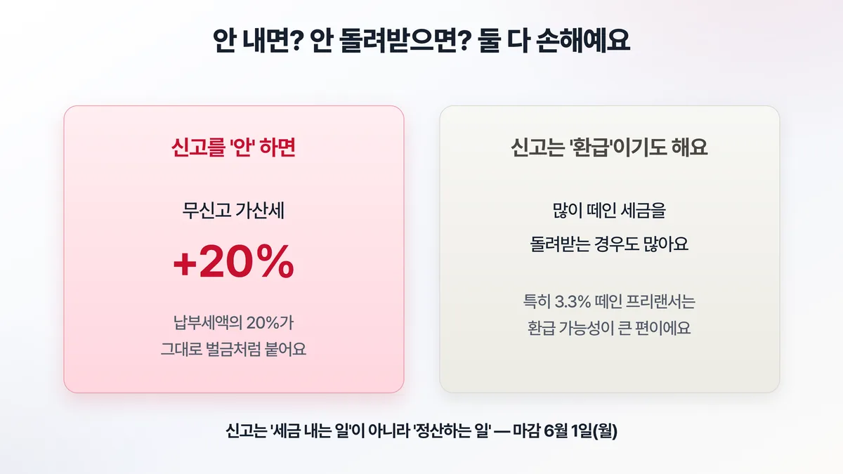 신고를 안 하면 무신고 가산세 20%, 신고하면 환급받는 경우도 많다 — 마감 6월 1일 월요일