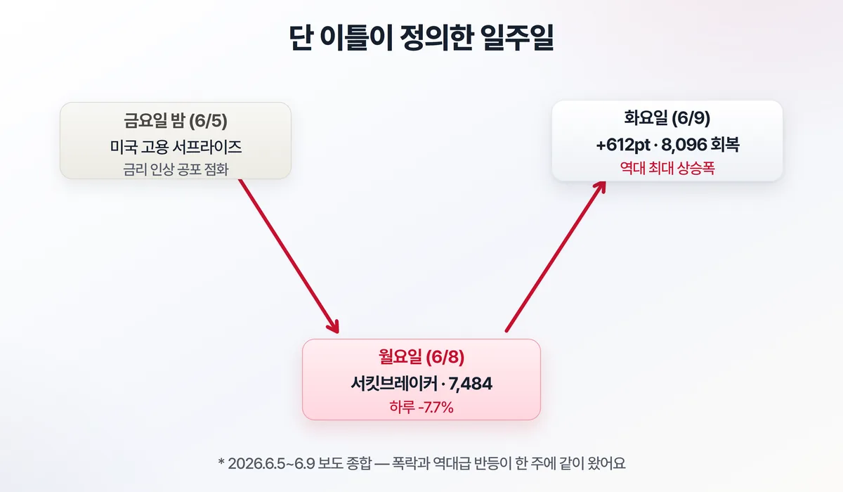 V자 일주일 타임라인 — 금요일 밤 미국 고용 서프라이즈, 월요일 서킷브레이커와 7,484 마감, 화요일 +612포인트 역대 최대 반등