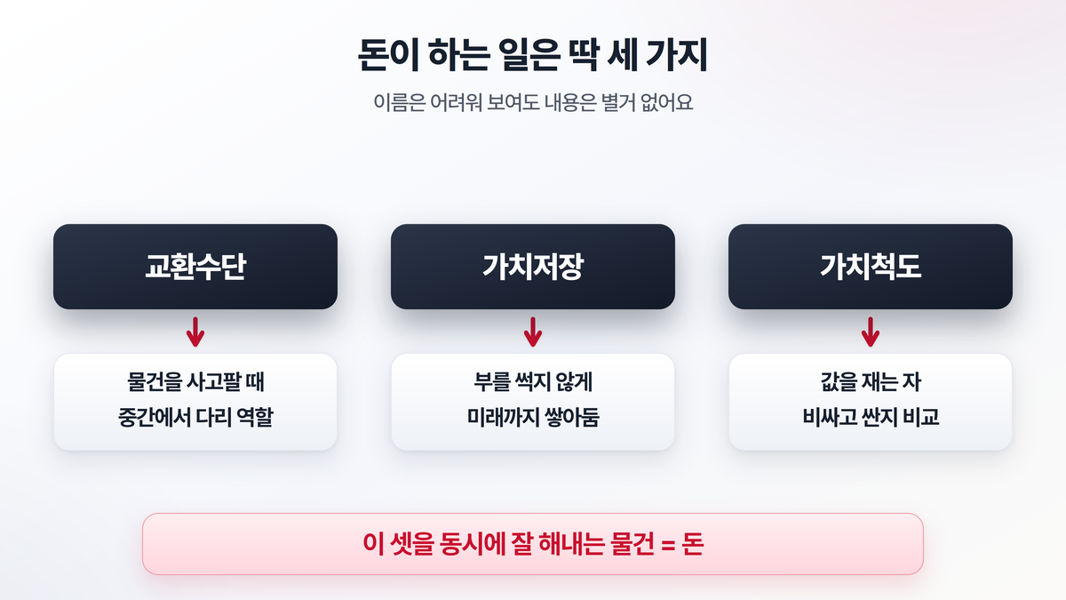 돈의 세 가지 기능을 정리한 도해. 물건을 사고파는 다리 역할인 교환수단, 부를 쌓아두는 가치저장, 값을 재는 자 역할인 가치척도를 각각 보여준다